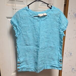Cynthia Rowley Light Blue Linen Short Sleeve Button Accent Top